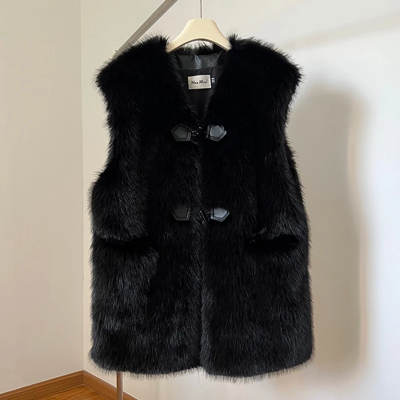 Brand Horn Buttons Long Faux Mink Fur Vest Tops Women Winter Sleeveless Overcoats Luxury Ladies Shaggy Waistcoat Gilets Casaco