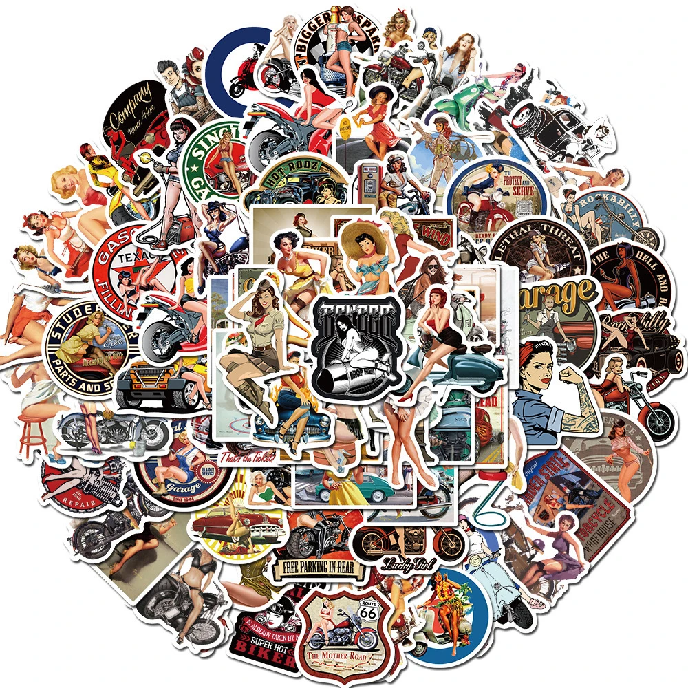 10/30/50/100pcs Cartoon Retro Pin Up Poster Girl Stickers Vintage Motorcycle Women Decals DIY Phone Skateboard Luggage Sticker