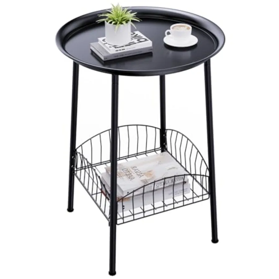 

Small Outdoor Side Table 2-Tier Round Metal Patio Table Accent Table Waterproof Weather Resistant End Table for Yard Porch Pool