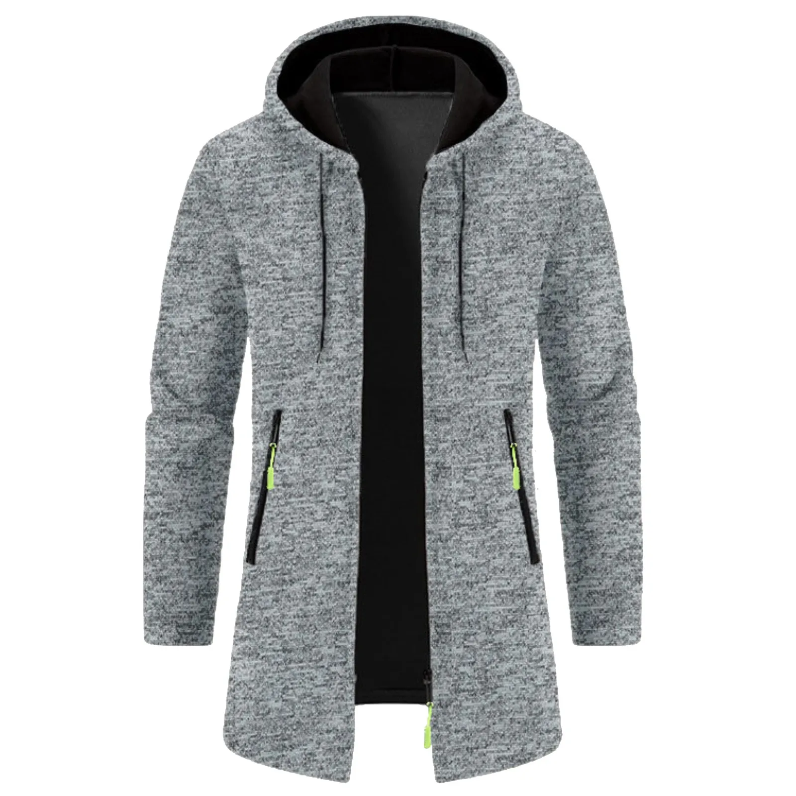 Men's Grey Mid-Length Front Open Hoodies Sweatshirts Fall Long Sleeve Zipper Drawstring Hoodie Oversize Knitted Outwears Jacket