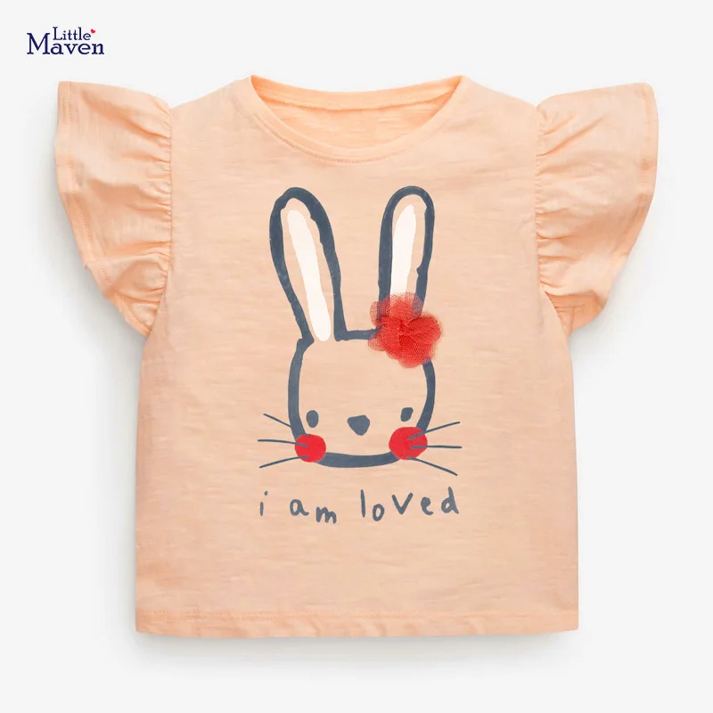 Little maven 2024 Baby Girls New Fashion Tops Lovely Cartoon Rabbit Cotton T-shirt Soft and Comfort for Kids 2-7 year