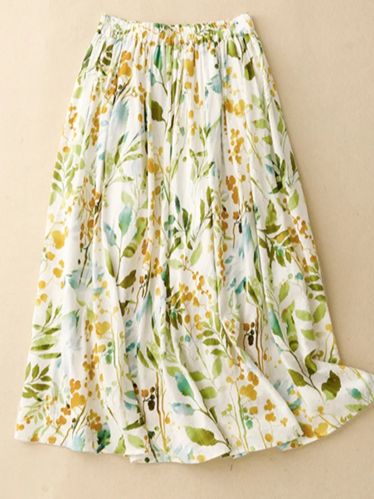 

Retro Floral Linen ter Skirt Women Summer Super Fairy T A-Line Umbrella Skirt Midi Skirt Trendy High Waist Cotton Blend