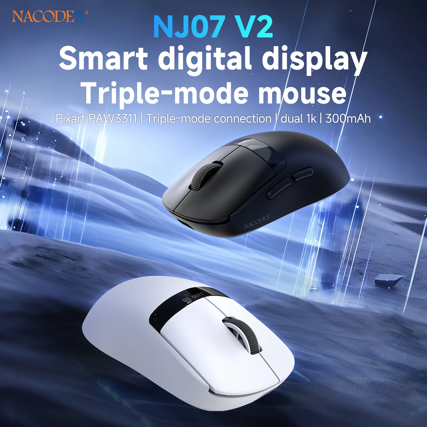 Ajazz NJ07 V2 Intelligent Display Wireless Gaming Mouse PAW3311 Tri Mode Light Sound Office Mouse Double 1K Return Rate DPI24000
