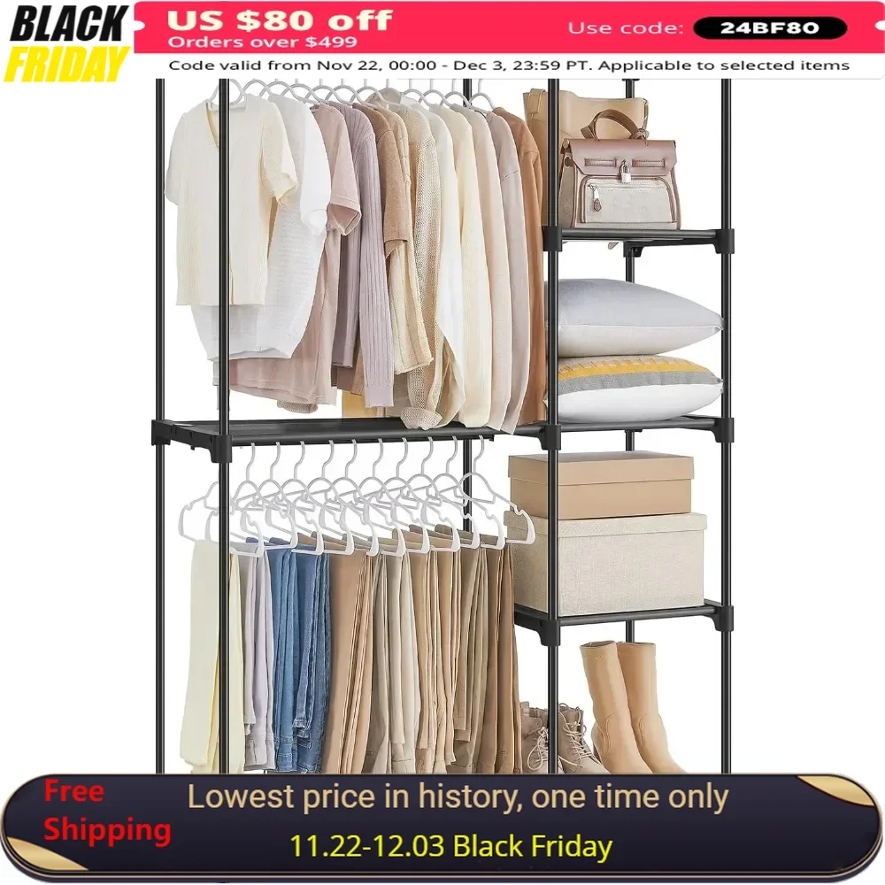 Clothes Rack, Stable Enough To Hold Up To 17.6 Lb Per Fabric Shelf and 44 Lb Per Hanging Rod, Coat Rack