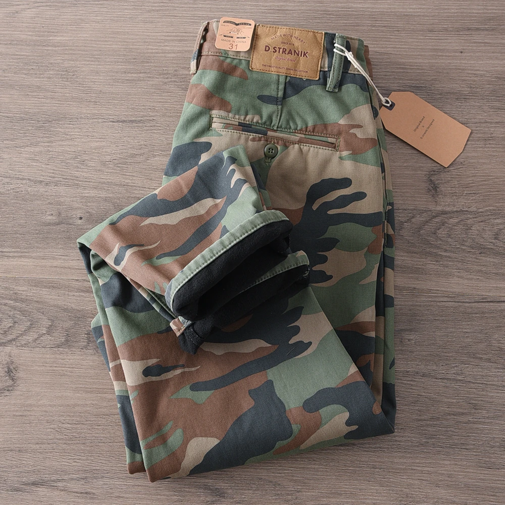 Autumn and Winter New American Rerto Thick Velvet Camouflage Cargo Pants Men's 100% Cotton Washed Loose Straight Casual Trousers