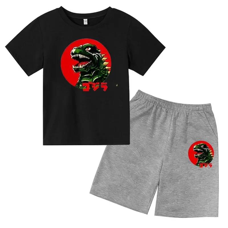 Boys Girls Kids Short Pants Cute Funny Monster Godzilla Leisure Summer Children Tracksuit Fashion Clothes Cotton T-shirt Sets