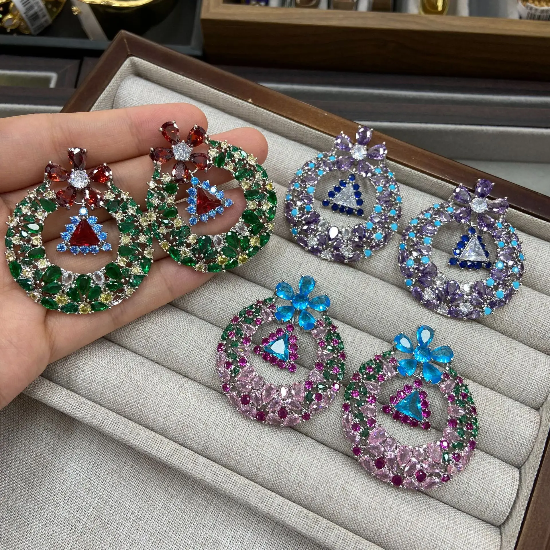 Gold‑Plated Colorful Zircon Large Hoop Flower Earrings Heavy Craft Luxury Exaggerated Statement Earrings High‑end Women Party