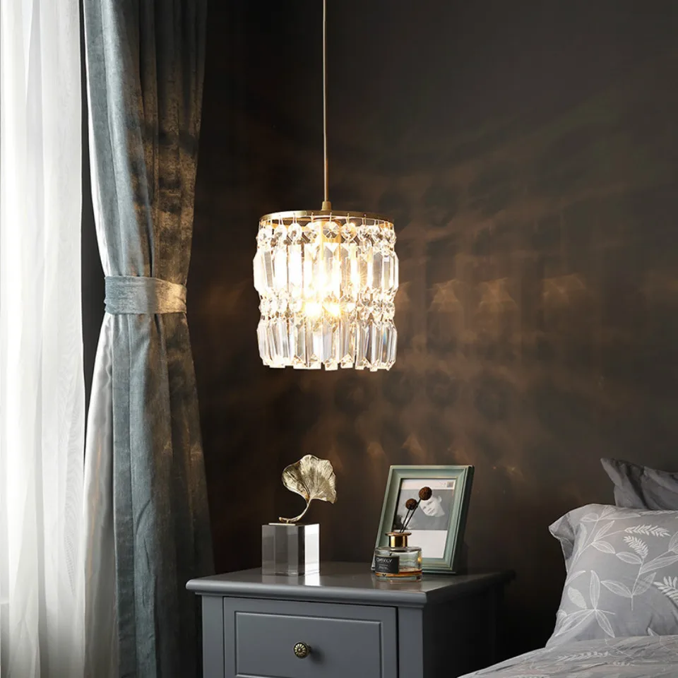 OuXean Pendant Lamp Modern Light Luxury All Copper Crystal Restaurant Small Bedroom Bedside Bar Porch Balcony Lamp E27