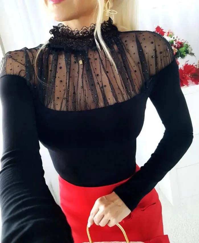 New Fashion 2025 Casual Sexy T-Shirts Rhinestone Decor Lace High Neck Mesh Patchwork Top Slim Fit Layering Top