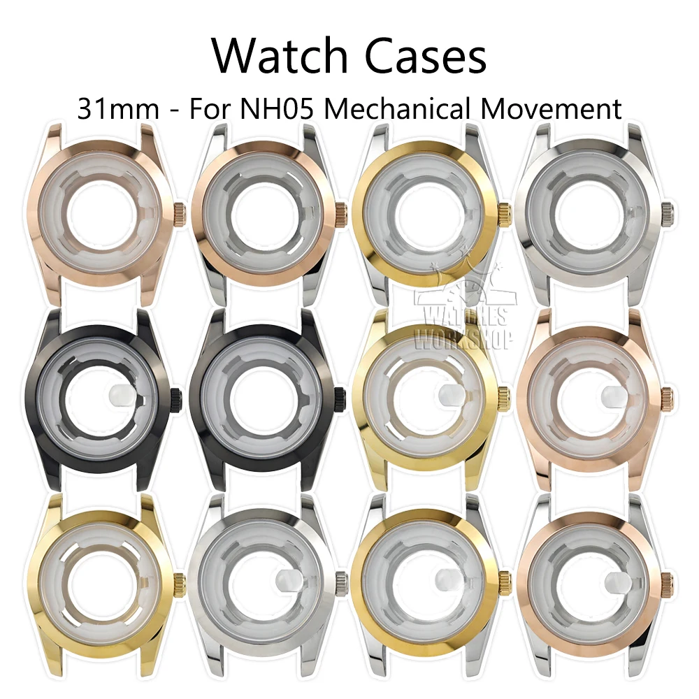 31mm Watch Case For NH05 Mechanical Movement Smooth Bezel Stainless Steel Magnifying Glass Dual-Color Watch Assemble Parts