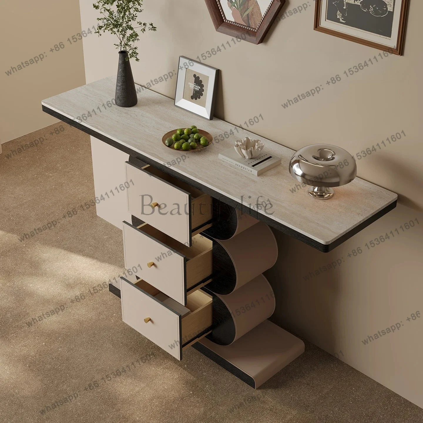 

yj21 Italian minimalist entrance table, opposite the door, cream wind end table, modern living room corridor against the wall