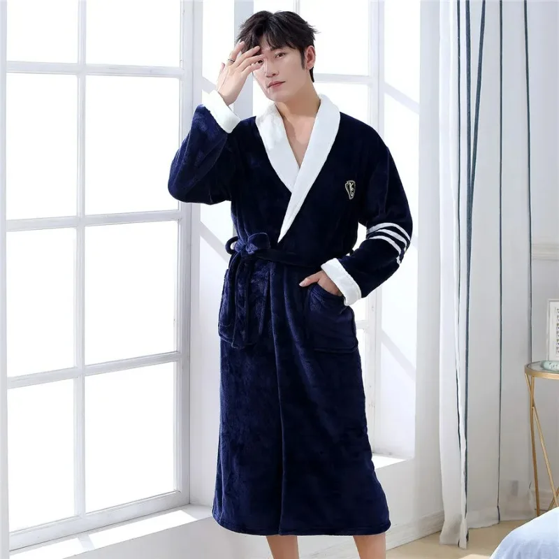 

2023 Large Size Coral Fleece Robe Kimono Bathrobe Gown Winter Flannel Sleepwear Nightwear Loose Thickened Home Wear Loungewear