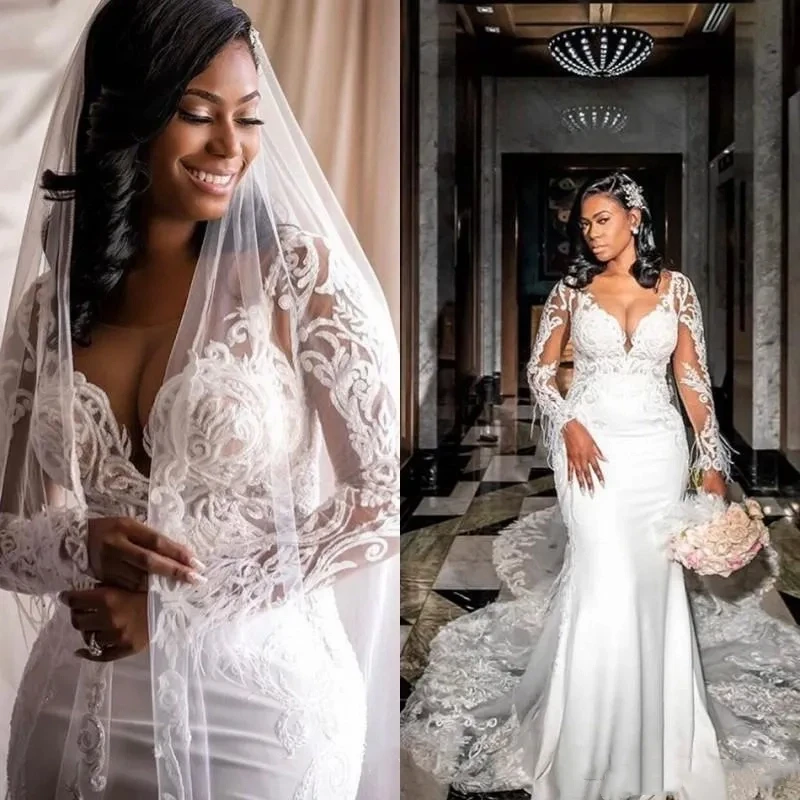 Customized Elegant White Mermaid Women's Wedding Dress V-Neck Transparent Long Sleeved Lace Decal Sweeping Train Bride Dress
