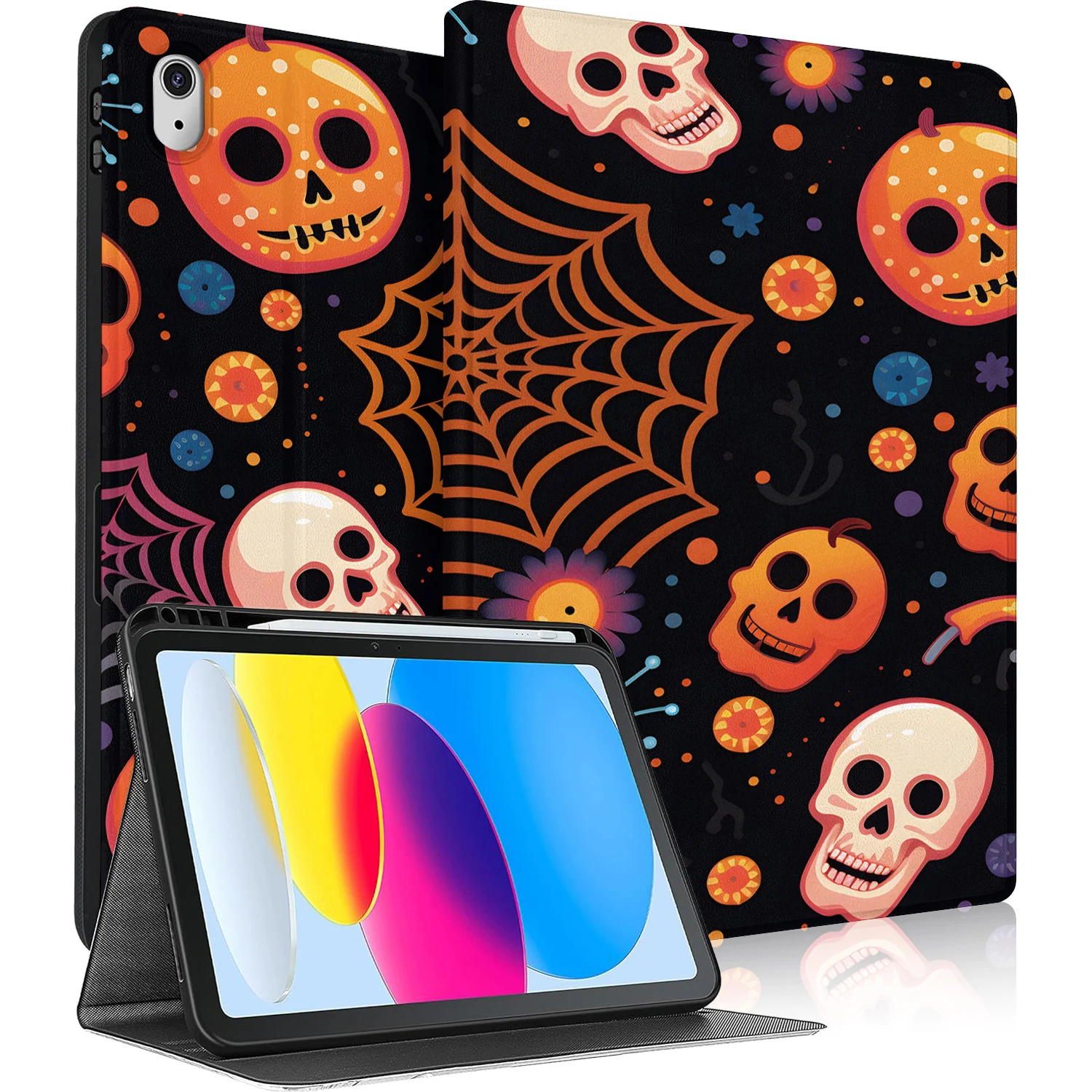 

Чехол с черепом «Паутина» для iPad A16, 11 дюймов, 2025, 11-го поколения/10,9 дюйма, 2022, 10-й чехол для планшета с автоматическим пробуждением/сна и регулируемым держателем для ручки