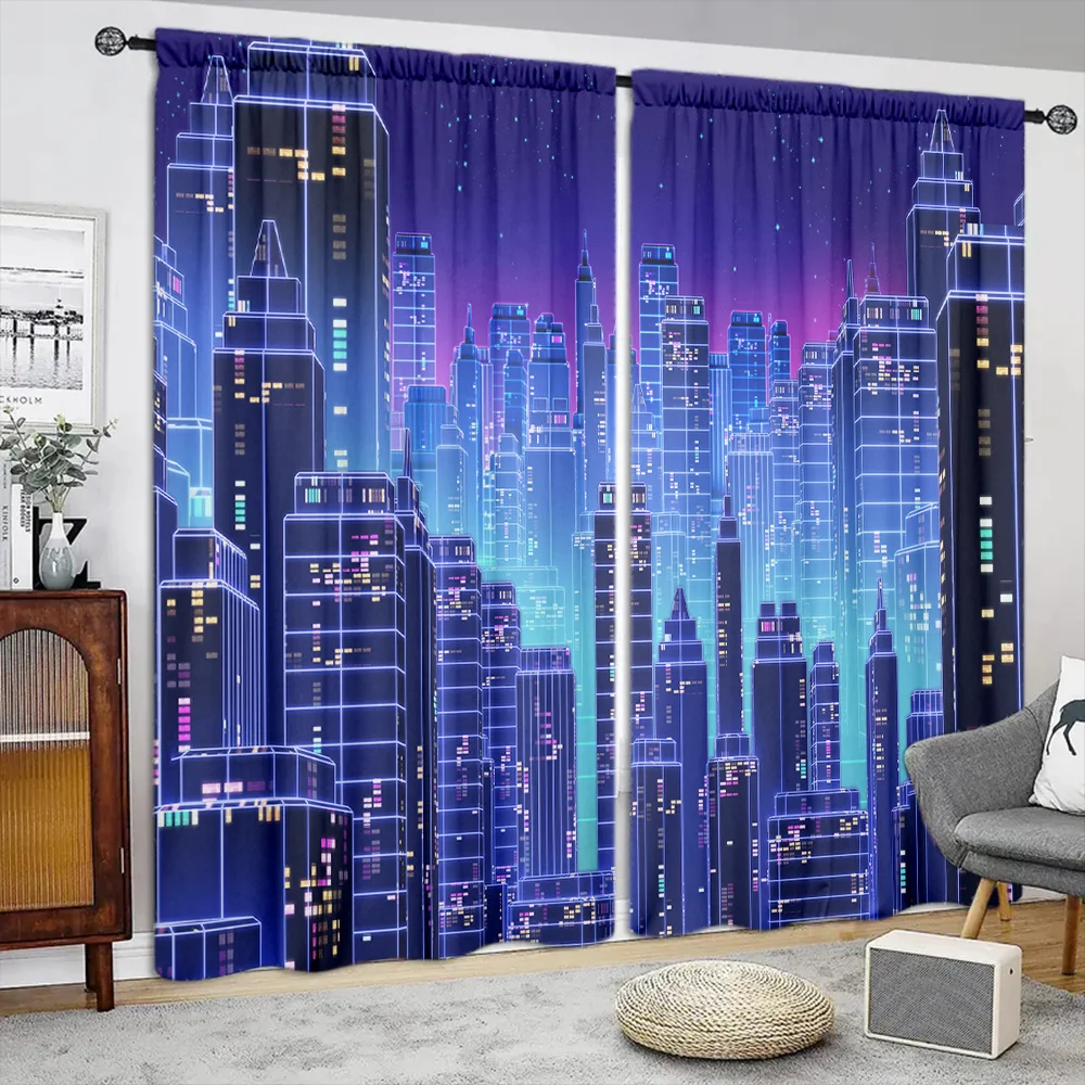 2pcs New City Skyline Pattern Decor Curtain Rods Pocket Curtain For All Seasons For Bedroom Kitchen Office Study Room LivingRoom