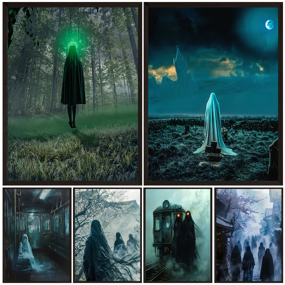 The Undead On The Train,Vintage Wall Art Canvas Painting, The Ghost Under The Moon, Witchcraft Art Poster And Print, Home Decor
