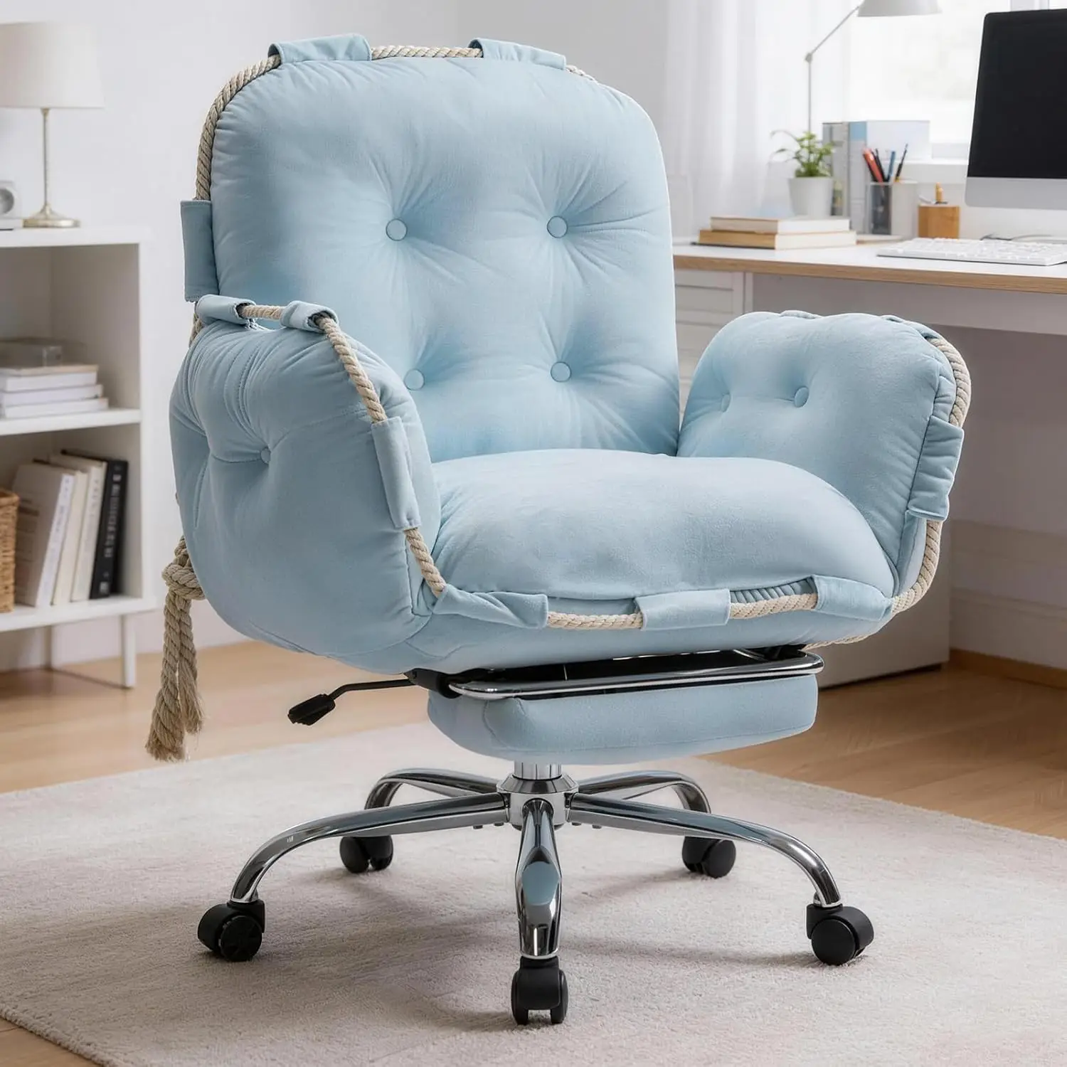 Cross Legged Office Chair With Flip Armrests Footrest Reclining Back Wheels For Home Office Desk Vanity Blue, Customized