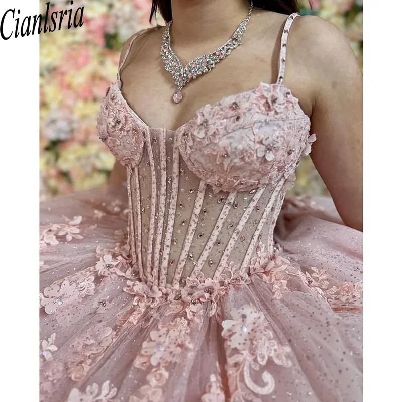 

Luxury Quinceanera Dresses Shiny Pink Appliques Vestidos De 15 Anos Corset Back Court Train Formal Birthday Party
