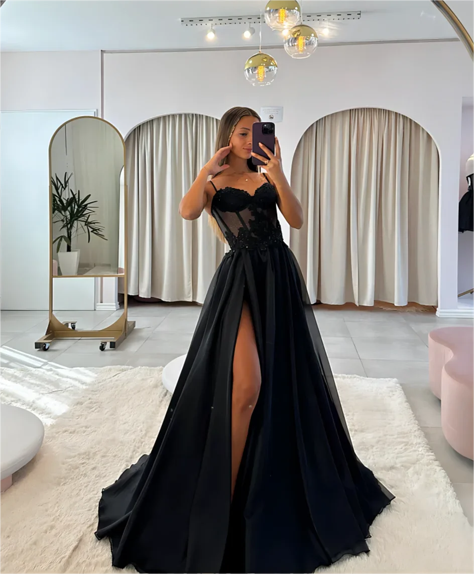 Sweetheart Black Prom Dresses Straps Appliques Glitter Party Evening Gowns Split Formal Red Carpet Long Special Occasion Dress 6