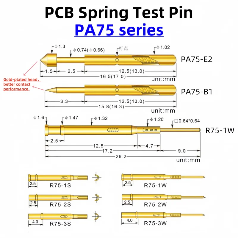 PA75 Series Gold Plated Brass Spring Test Probe Test Pin Pogo Pin Electric Detection Needle PCB Test PA75-B PA75-B1 1.01mm 17mm