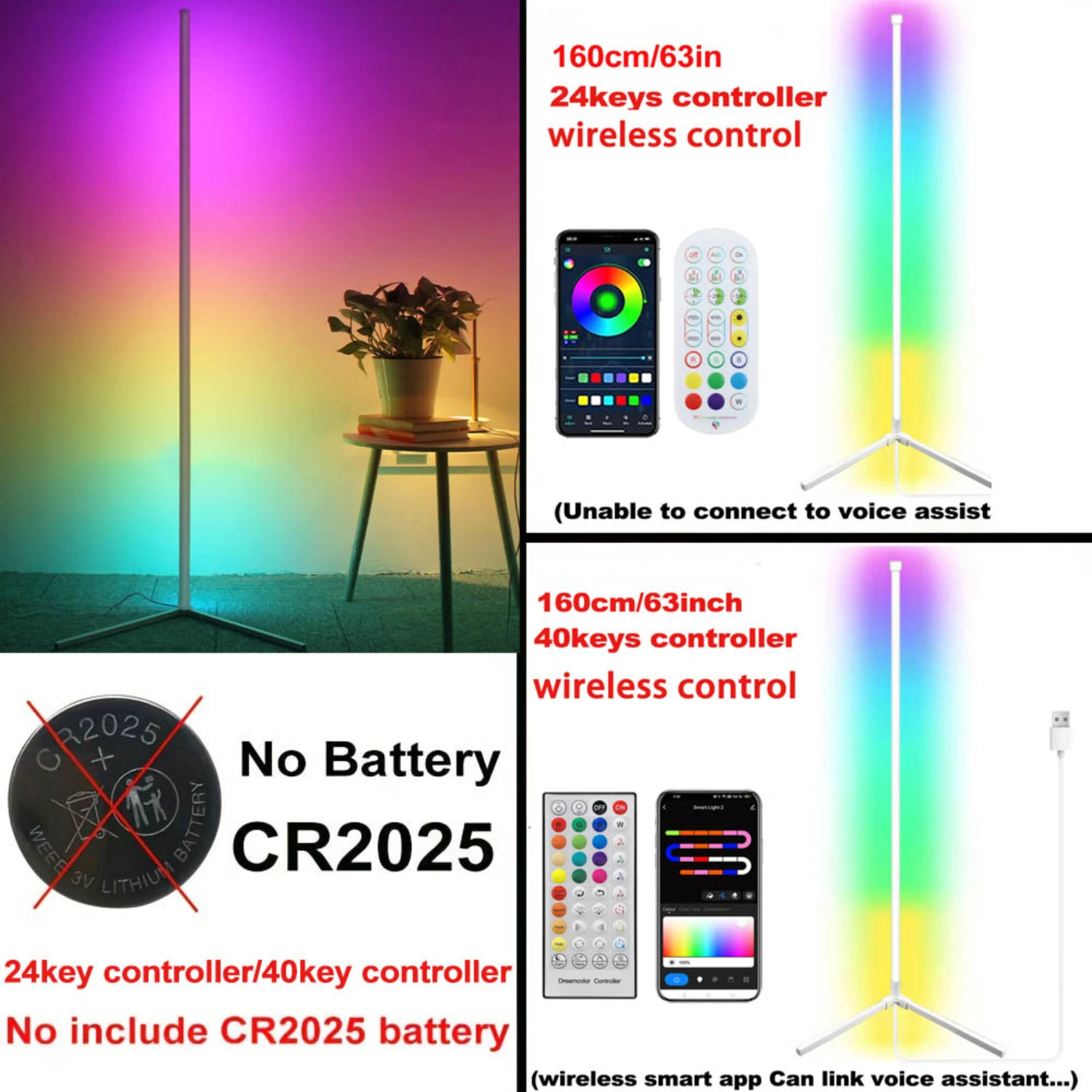 Dimmable White Smart Bluetooth Tuya Corner Floor Lamp RGB LED Light Bar Mood Lighting for Bedroom Gaming Living Room Xmas Decor