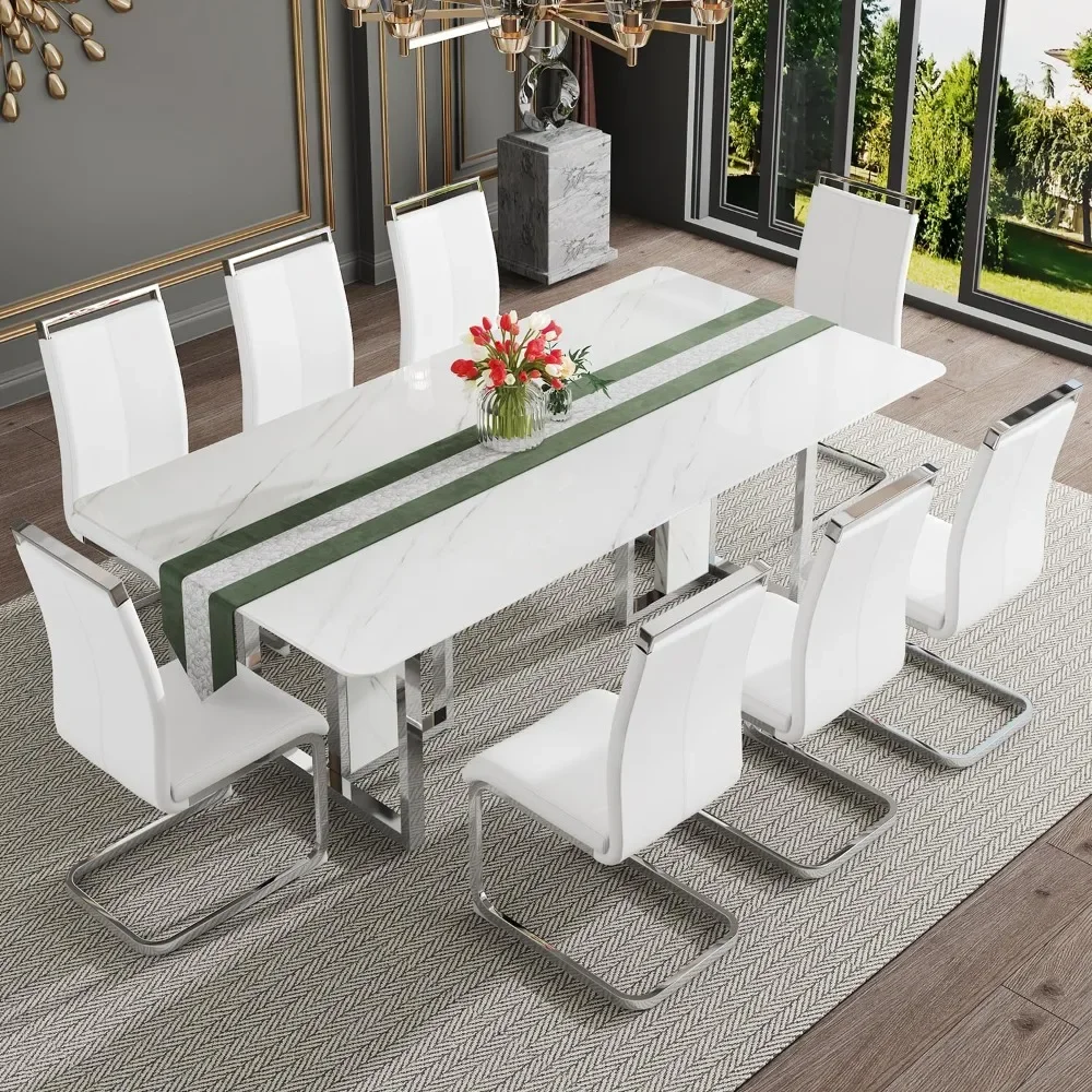 

79''Dining Table Set for 8, 1.8'' Thick Faux Marble Table Top＆8 Pu Leather Upholstered Chairs,Dining Table Set