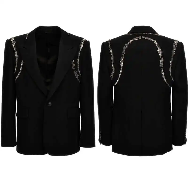 

Модные мужские свадебные костюмы с кристаллами и аппликациями, пиджак на заказ для жениха, костюм для певца, для торжественных мероприятий и вечеринок, индивидуальный пошив