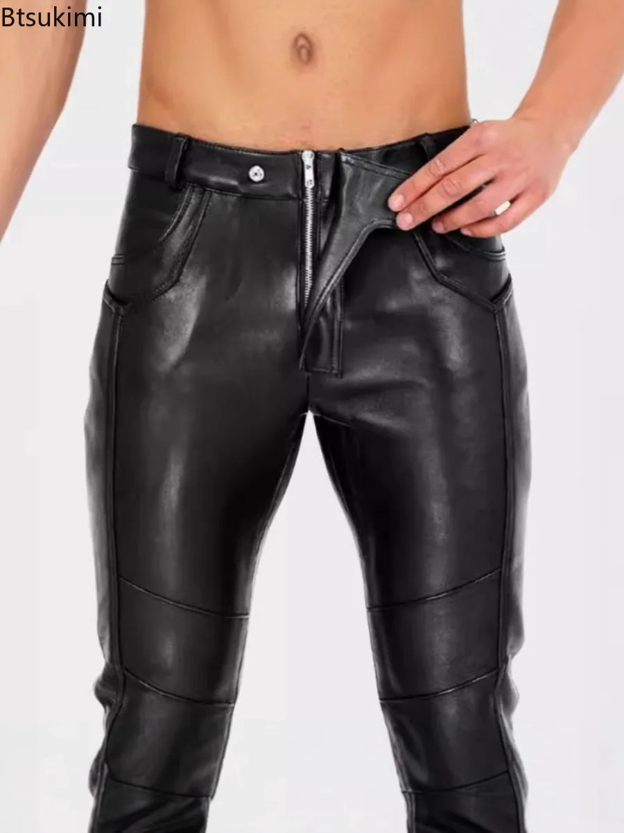 New Men's Motorcycle Rock Roll Slim Leather Legging Pants Punk Style Male Streetwear Vintage Gothic Steampunk PU Leather Pants