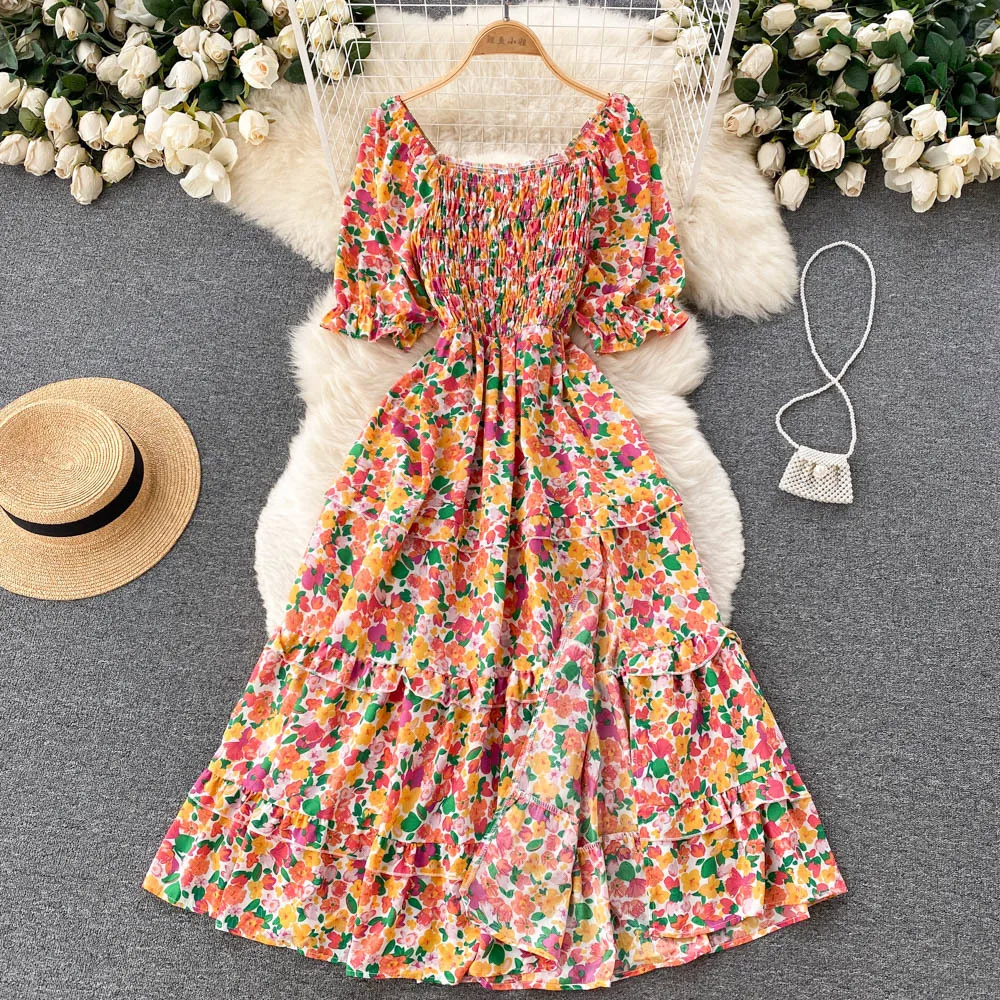 YuooMuoo-vestido largo estampado con cintura elástica para mujer, con abertura en forma de A prenda de vestir, manga abombada, Estilo Vintage, ropa de playa para verano