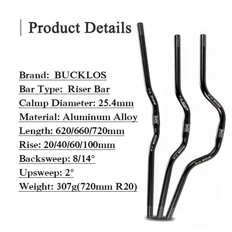 BUCKLOS 25.4mm Handlebar 620mm 660mm 720mm Mtb Handlebar 20mm 40mm 60mm 100mm Riser Bar for Mountain Bike Aluminum Bicycle Parts