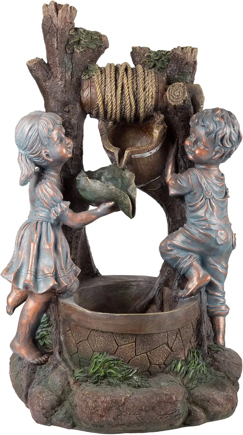 Cascading Waterfall Fountain Garden Patio Bronze Boy Girl LED Lights Sounds