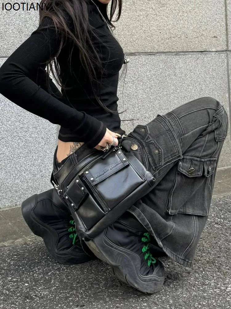 Y2k Retro Punk Kadın İspanyol Paça Kot Pantolon Harajuku Eskitme Görünümlü Düşük Bel Amerikan Çok Cepli Denim Tulum Günlük Mikro İspanyol Paça Pantolon
