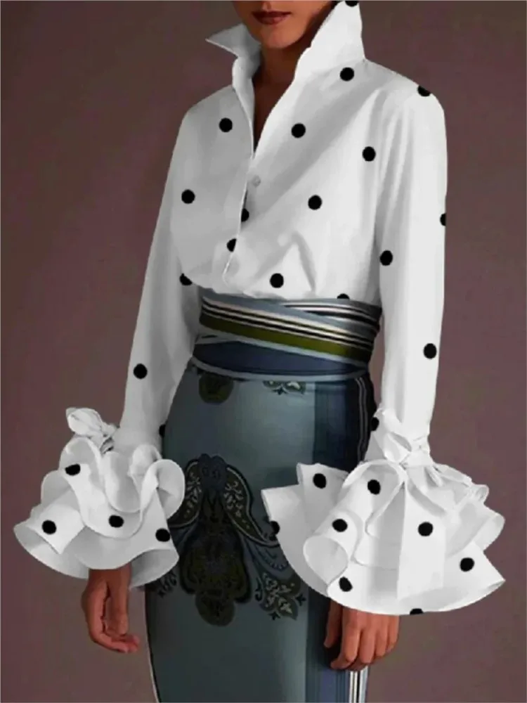 

Women Elegant Flared Sleeves Falbala Blouses Tops Spring Autumn New Casual Solid Color Office Lapel Buttons Shirts Tops