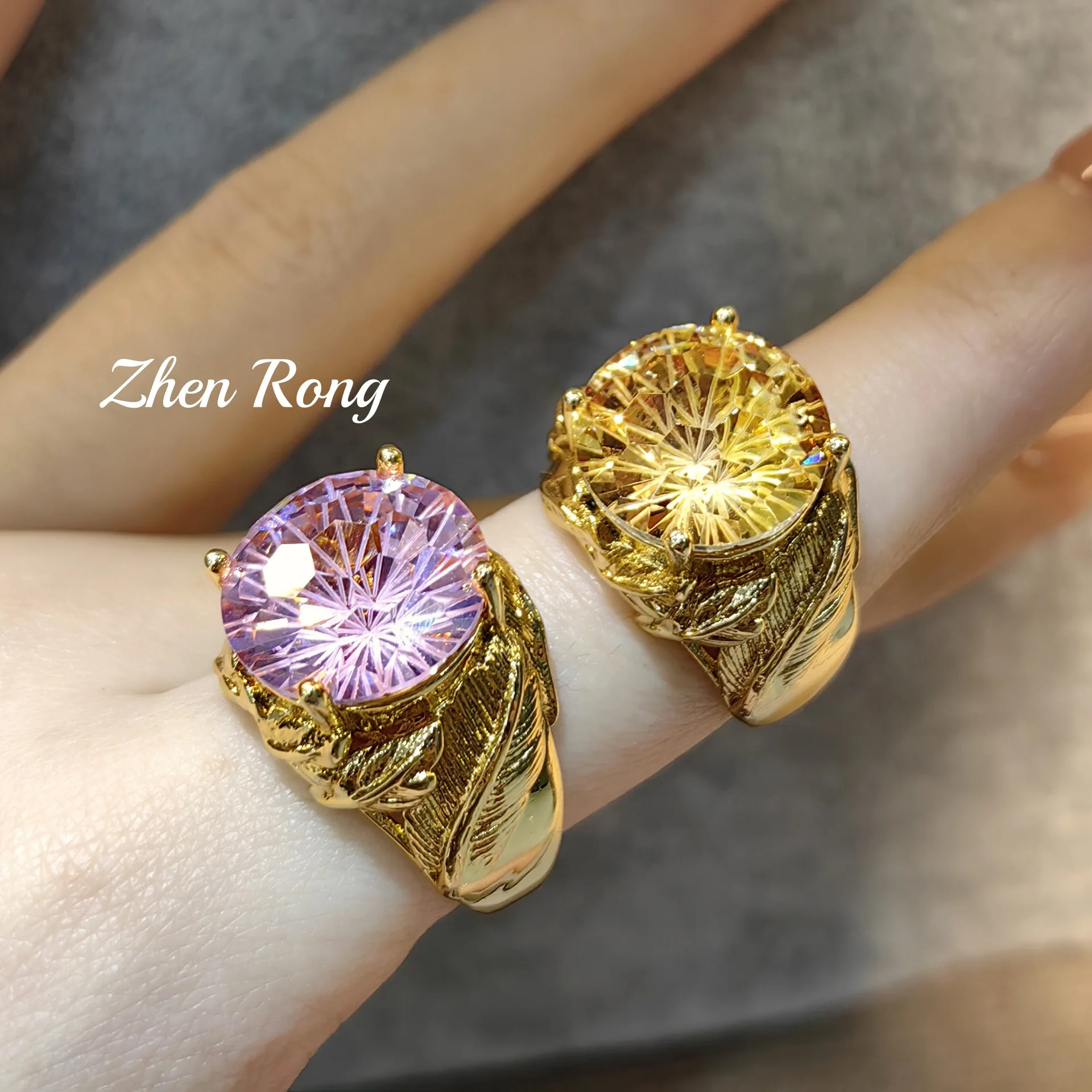 

Foydjew Italian Retro Jewelry Feather Design Gold Color Rings with Yellow/Pink Cubic Zirconia Ring For Women