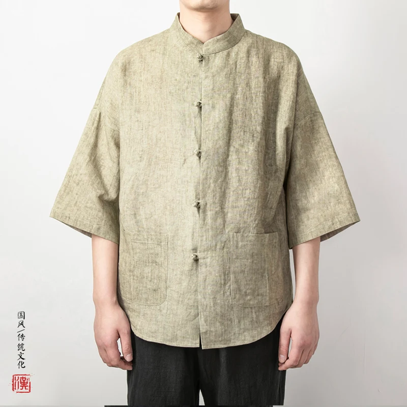 2024 Spring Summer Men Chinese Style Shirts Traditional Kung Fu Tai Chi Cotton Linen Tang Suit Men Shirt Uniform Male Blouses