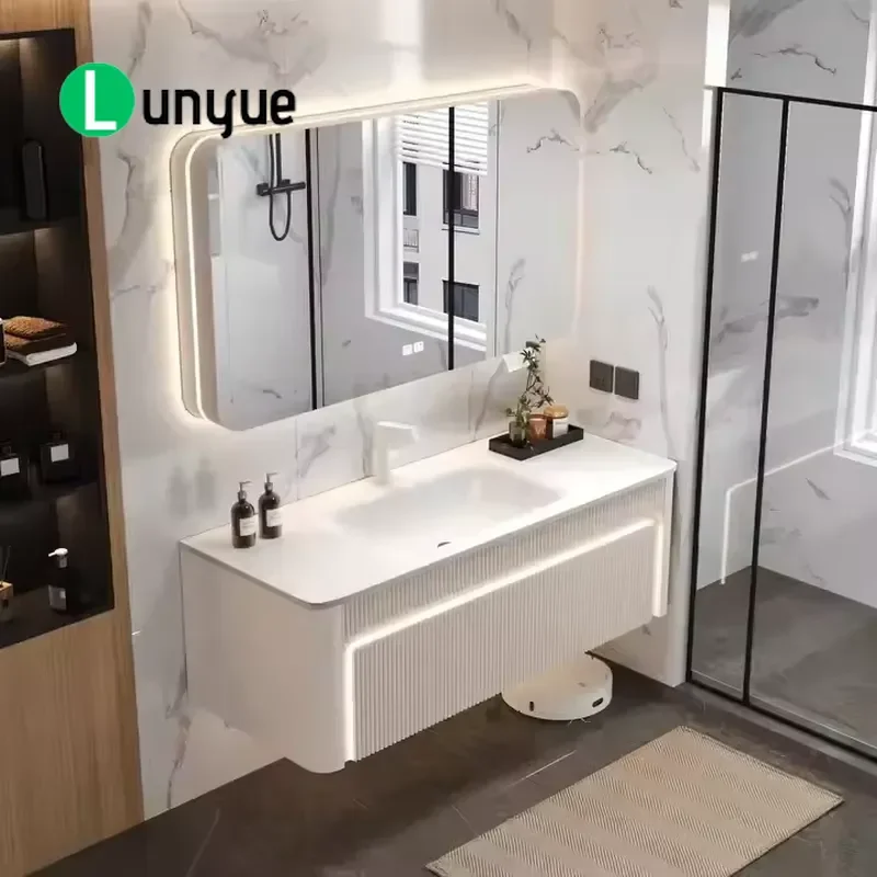 White Modern Bathroom Vanity Eco Friendly Wood Wall Mounted Installation Space Saving Durable Storage Cabinet