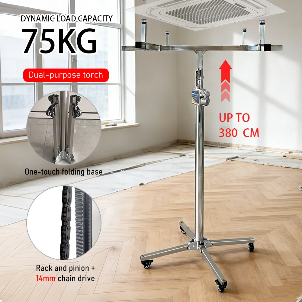 AC Installation Lift 4.0m Foldable Stainless Steel Stand Heavy Duty HVAC Lift for Wall Cabinet & Central Air Conditioner Duct