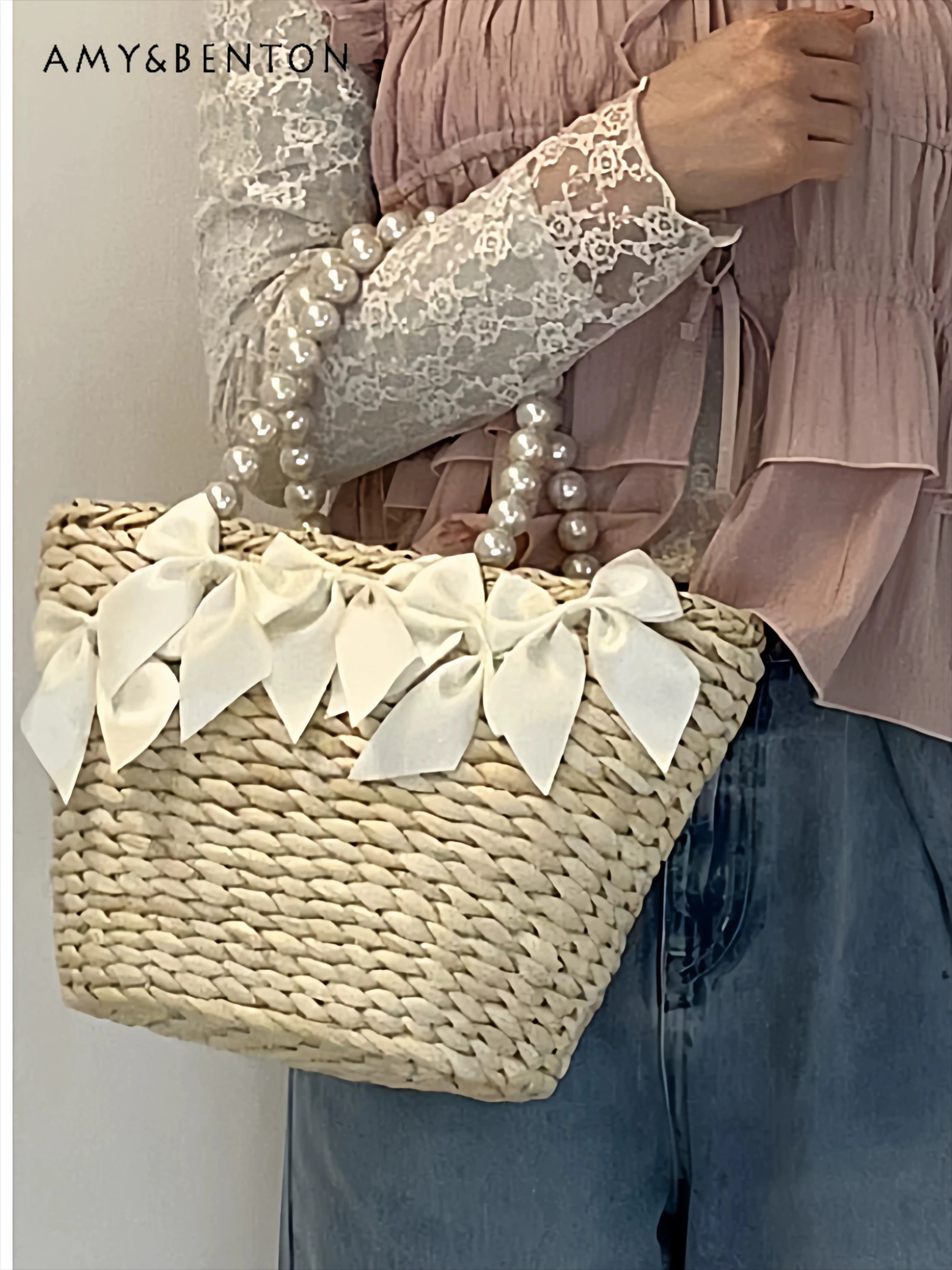 

Japanese Multi-color Bow Handwoven Handbag Heavy Industry Exquisite Pearl Mini Handbag Women Ins Vacation Seaside Bags