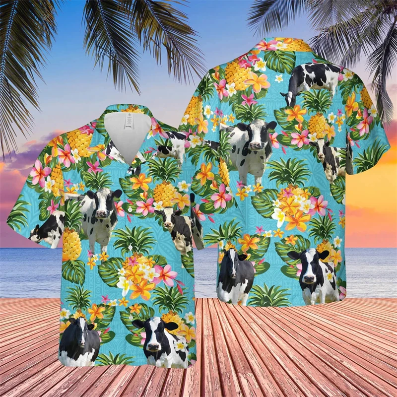 Men\'s Hawaii Summer Pig Alpaca 3d Print Casual Shirts Hawaiian Beach Animal Pattern Funny Short Sleeve Camisa Cool Design Blouse