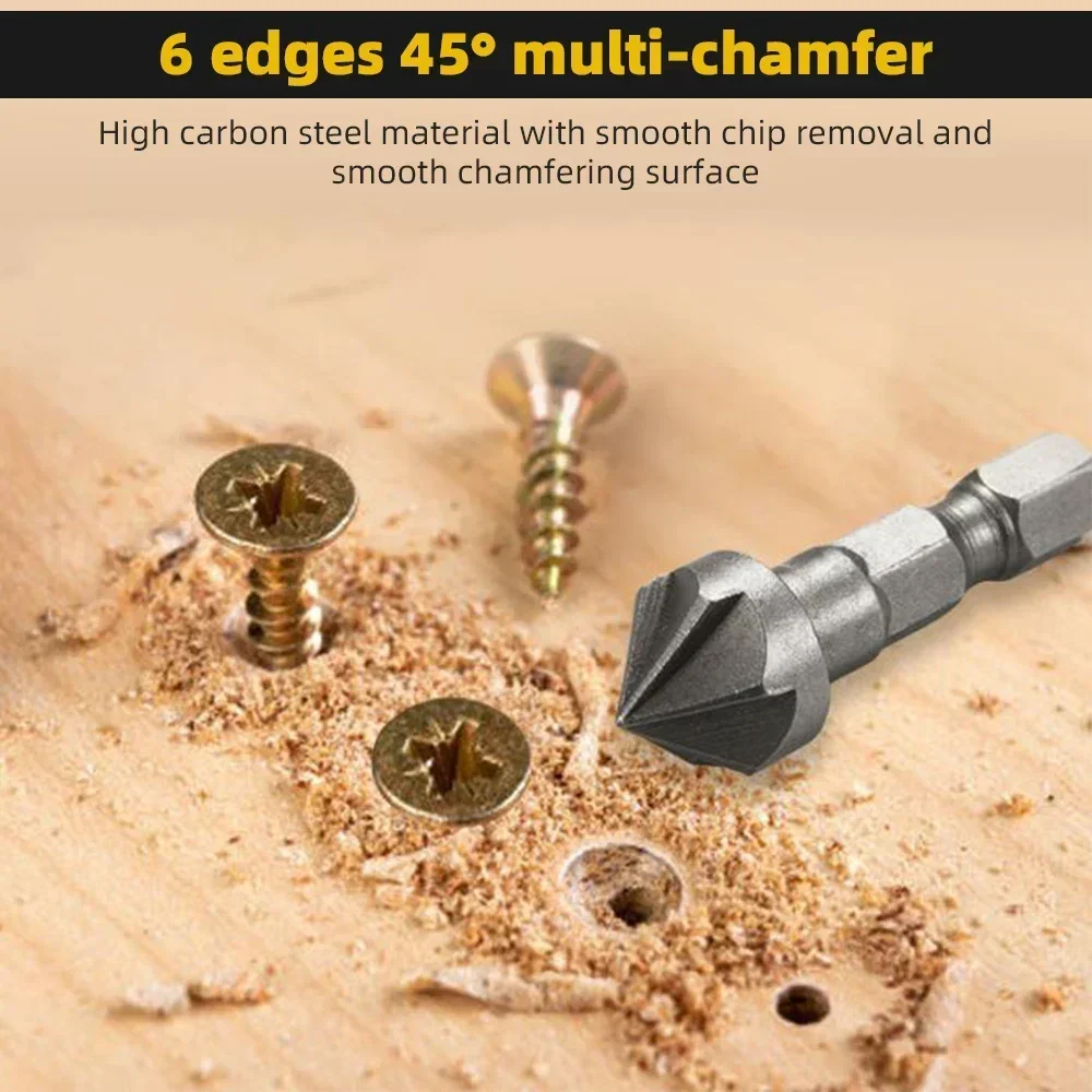 

6 Flute 90 Degree Countersink Drill Chamfer Bit 1/4" Hex Shank for Carpentry In Wood Drills Metal Drills Remove Burr Hand Tools