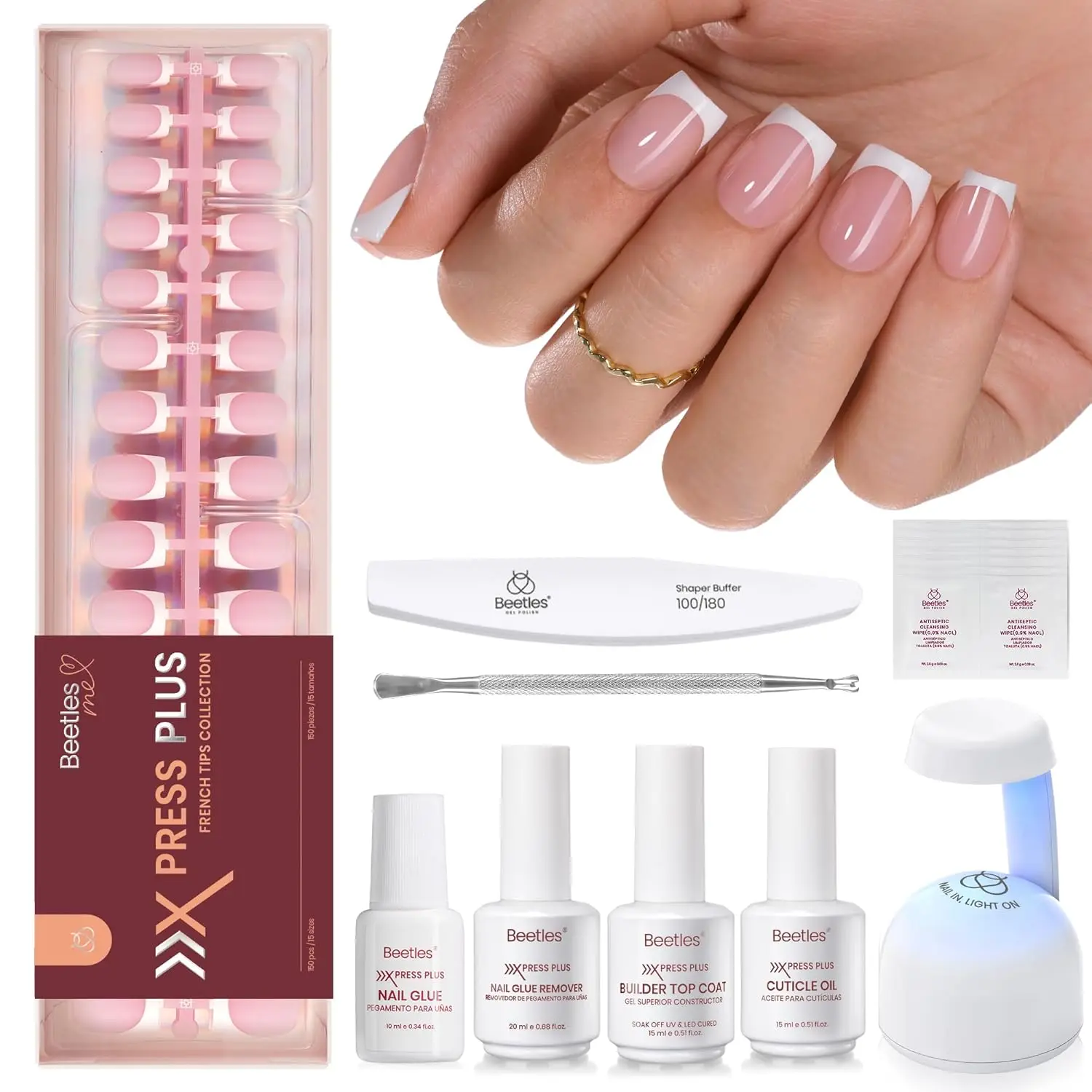 

Short Square French Tip Press On Nails Kit with 150Pcs Tips, Glue, Remover, Top Coat & Lamp - DIY Fake Nails Gift for Women
