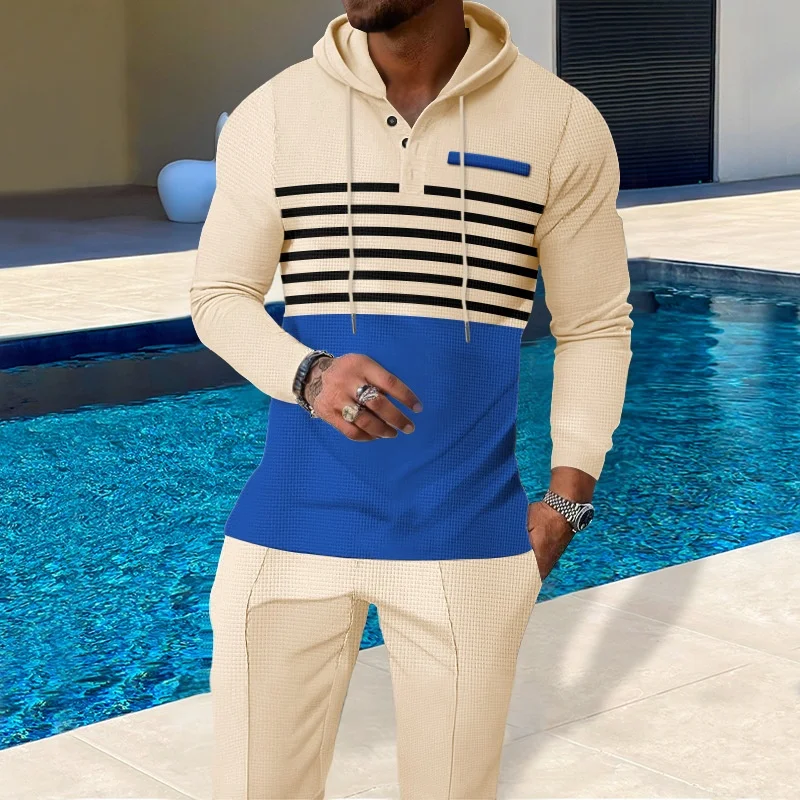 

Men's Color Blo Long Sve Hoodie Sweatirt Casual Leisure Pants Set Cross-Border ular Summer Polyester Fabric