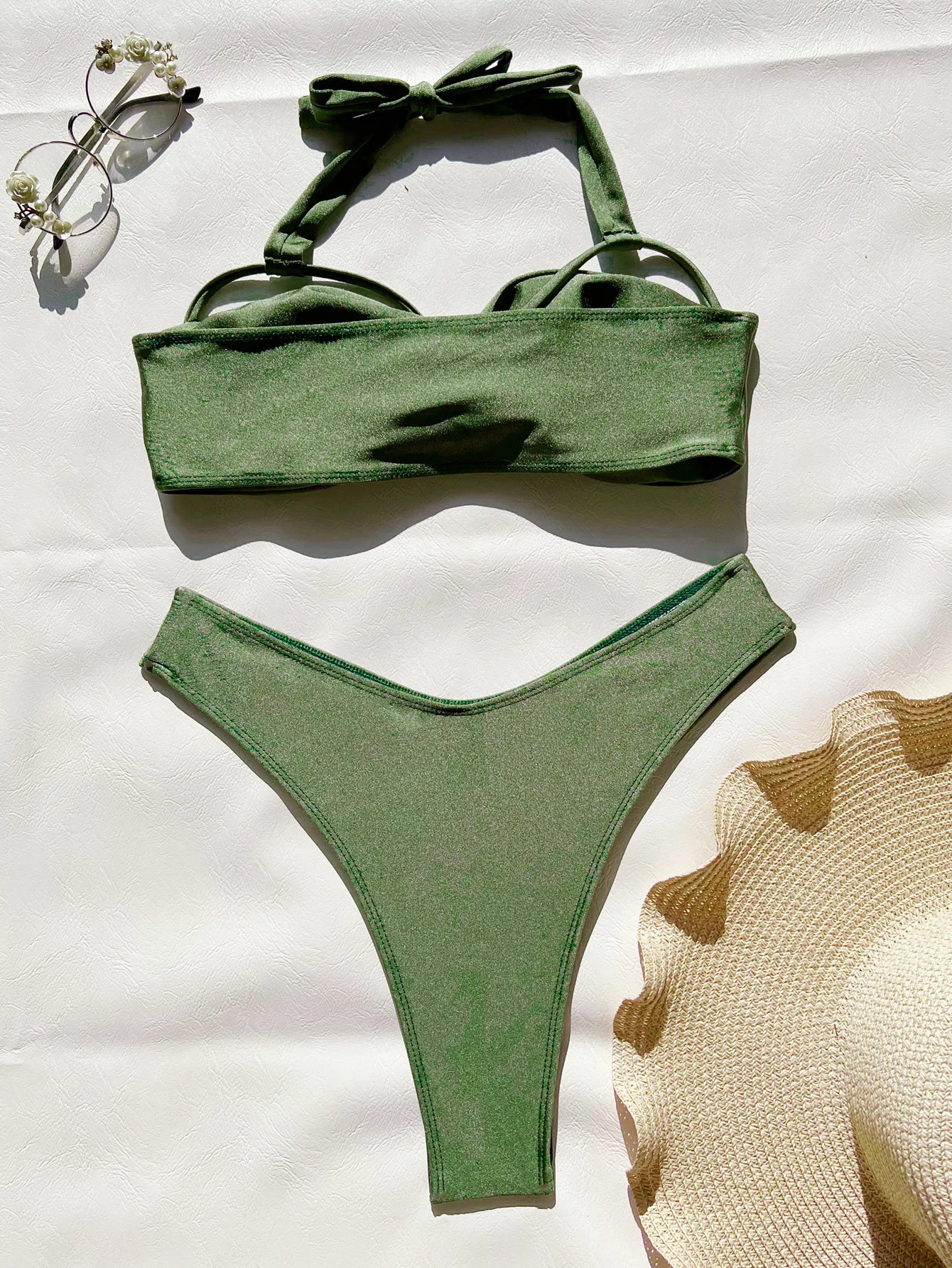 sexy green cross gillter halter bikinis sets 2024 women two pieces hollow v-waist swimsuits beachwear bathing suits swimwear