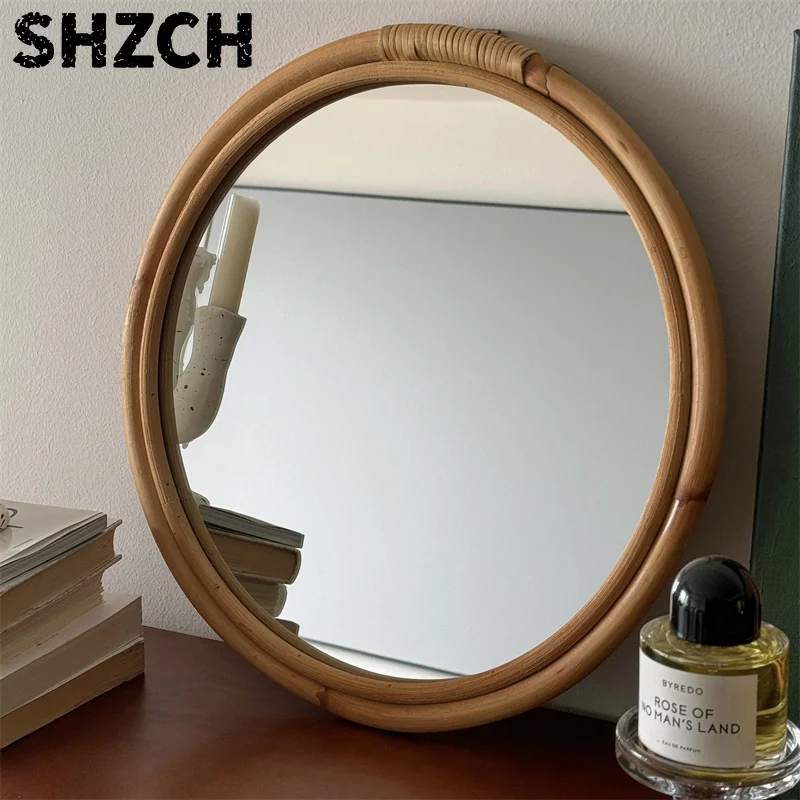Medieval Rattan Mirror Makeup Mirror Retro Wabi Sandy Wind Japanese Round Mirror Homestay Clothing Store Cafe Shop