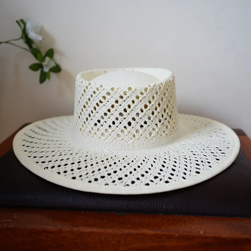 Handmade White Straw Hat Wide Brim Hollow Out Style Boater Hat  Min Wind Rop Summer Hat Women Beach Hat Party Holiday Travel Hat