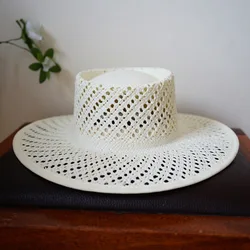 Handmade White Straw Hat Wide Brim Hollow Out Style Boater Hat  Min Wind Rop Summer Hat Women Beach Hat Party Holiday Travel Hat