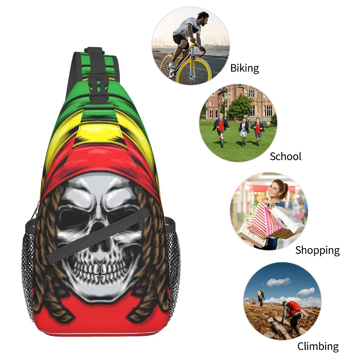 Sling Bolsas Crânio Rasta Peito Crossbody Ombro Mochila Viagem Caminhadas Daypacks Reggae Dreadlocks Rastafari Jamaica Bookbag