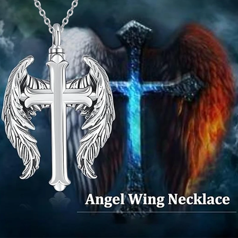 Cremation Jewelry Memorial Angel Wings Cross Urn Necklace for Ashes Keepsake Urns Pendant Necklace for Men Women