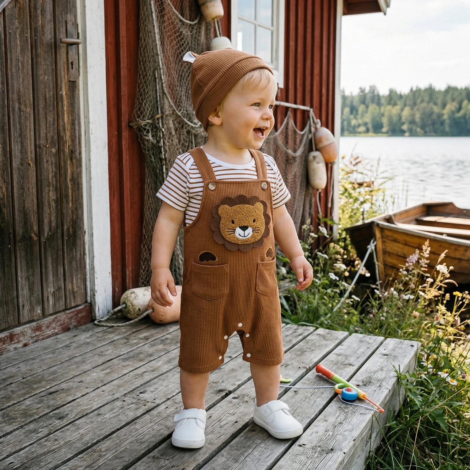 Baby Boy Summer Outfit Striped Crew Neck Short Sleeve Romper Lion/Giraffe Embroidered Overall Pants Cap 3 Pcs Costume Set