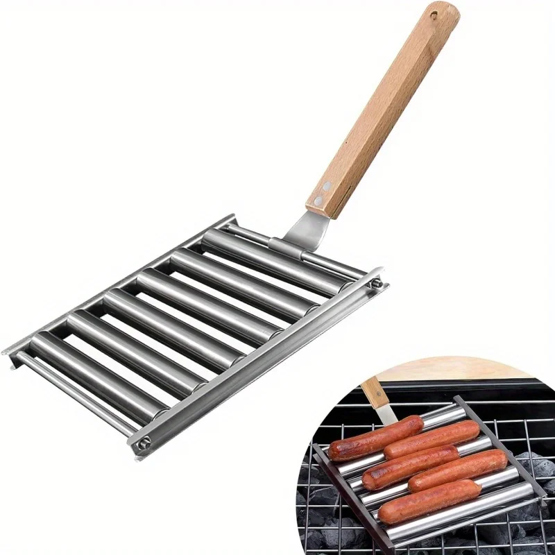 Stainless Steel Hot Dog Roller Rack Grill Cooker with Extra Long Wood Handle Multi-Functional Outdoor Griller BBQ Tools